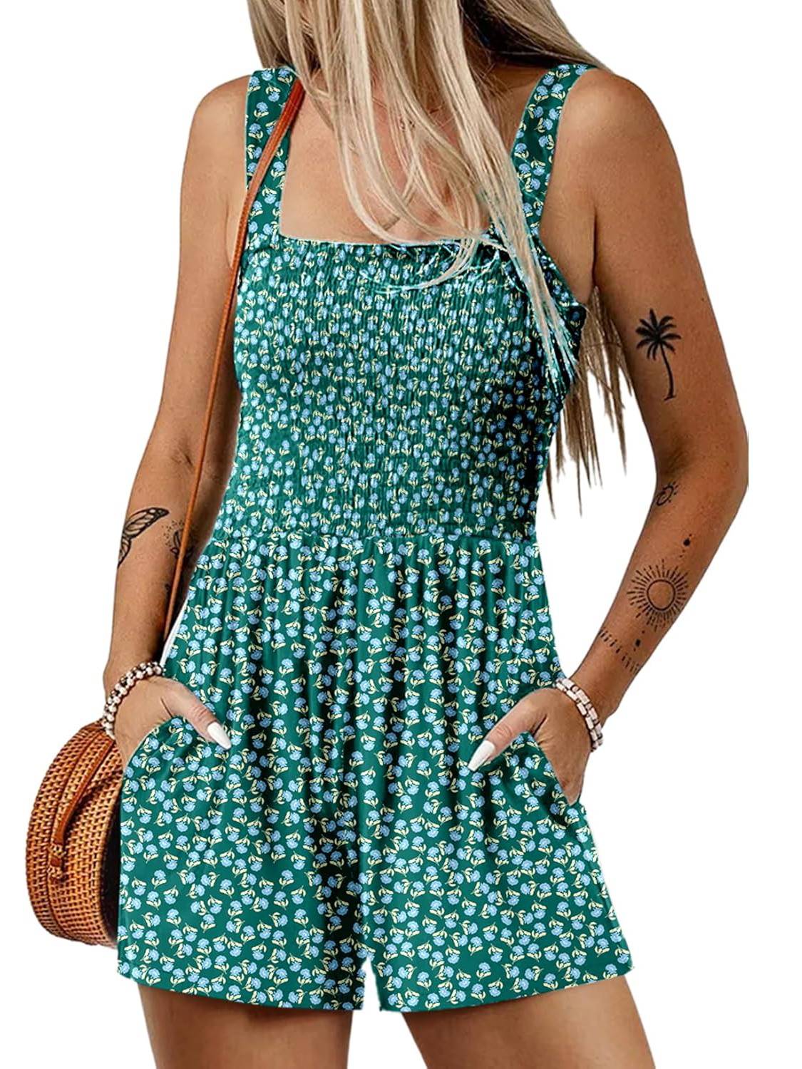 ⏰Hot Sale 49% Off💃Women's Summer Square Neck Sleeveless Loose Casual Short Smocked Romper✨
