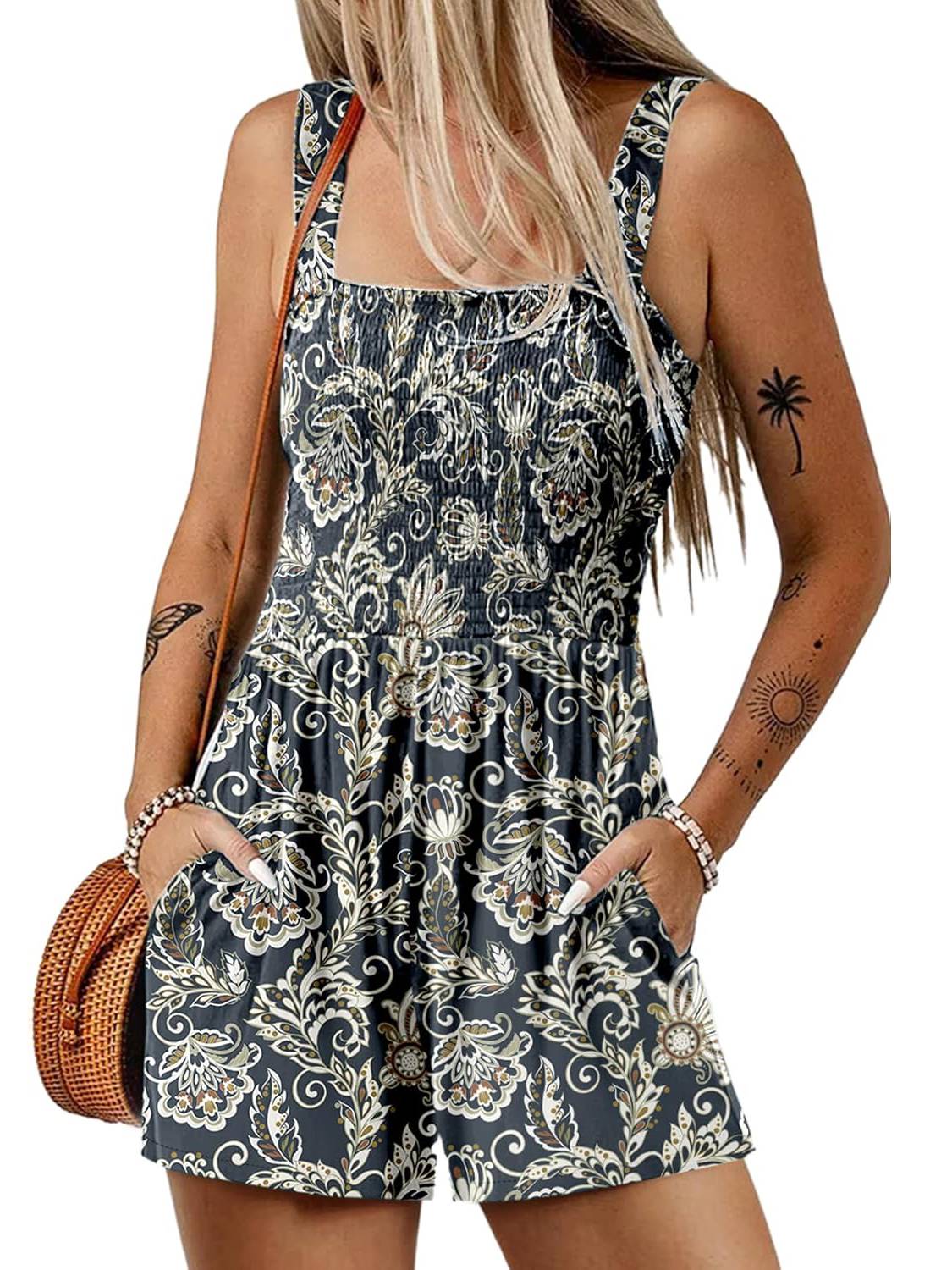 ⏰Hot Sale 49% Off💃Women's Summer Square Neck Sleeveless Loose Casual Short Smocked Romper✨