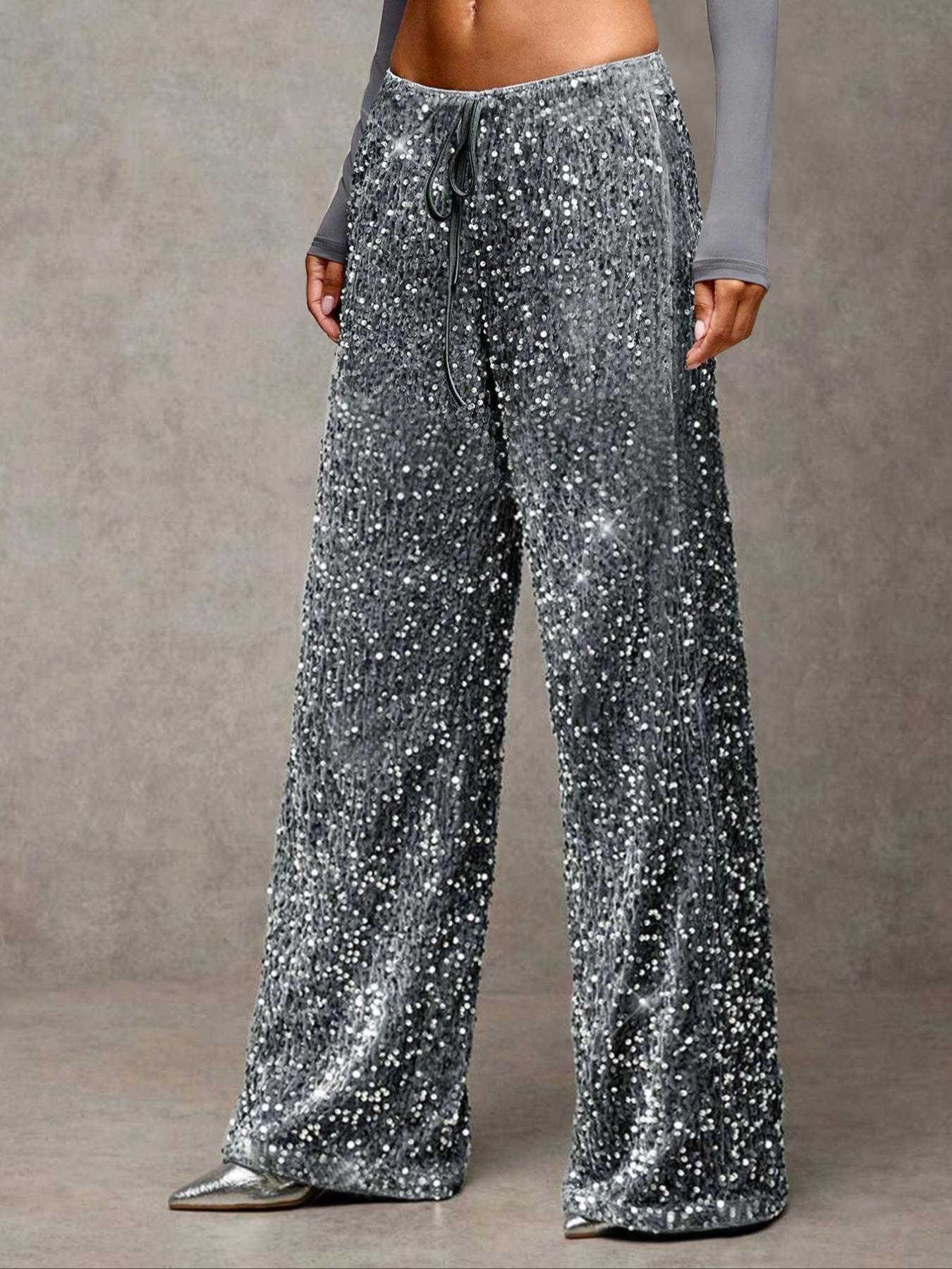 💖LAST DAY SALE 65% OFF💃Women's Sequin Sparkle Wide Leg Pants with Elastic Waistband