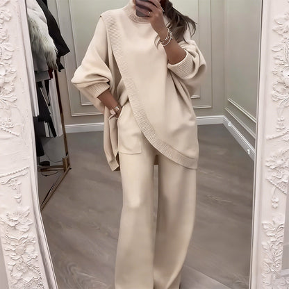 🔥 59% OFF! NEW! Women's 2-piece set – Asymmetrical sweater + wide-leg pants, relaxed fit and soft fabric, ultra comfortable 👚✨