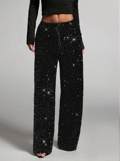 💖LAST DAY SALE 65% OFF💃Women's Sequin Sparkle Wide Leg Pants with Elastic Waistband