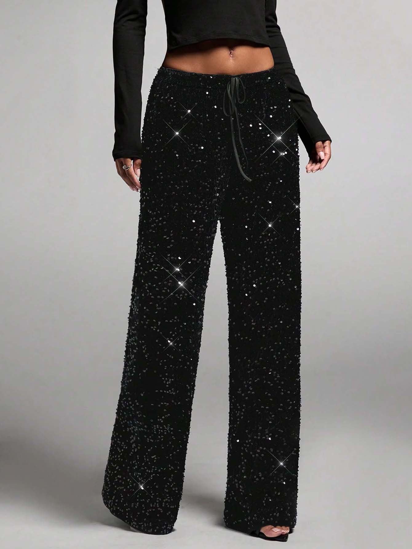 💖LAST DAY SALE 65% OFF💃Women's Sequin Sparkle Wide Leg Pants with Elastic Waistband