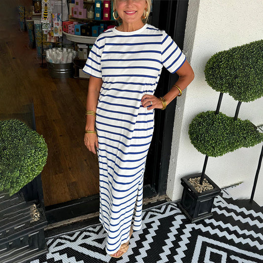 🔥Summer Hot sale 60%OFF 🔥Round Neck Slit Hem Striped Maxi Dress