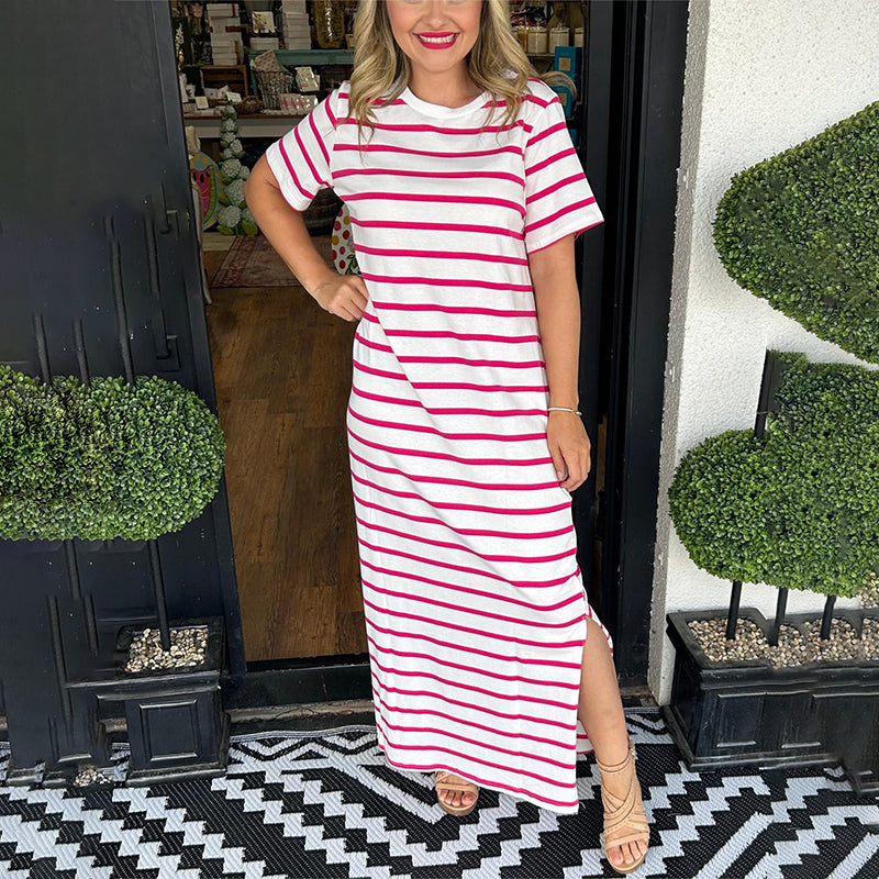 🔥Summer Hot sale 60%OFF 🔥Round Neck Slit Hem Striped Maxi Dress