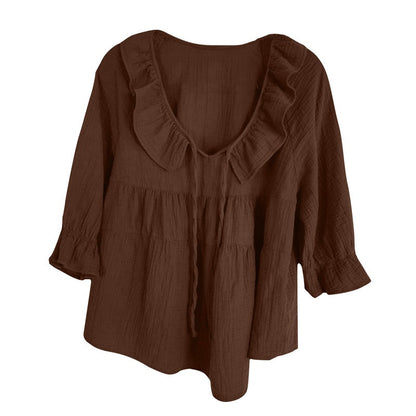 Women's 3/4 Sleeve Tie Front Ruffle Tiered Shirts