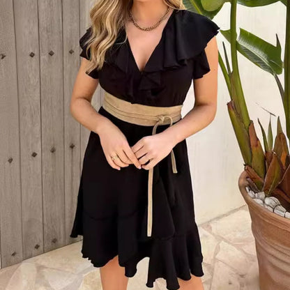 🩷Summer Hot Sale 60% OFF☀️Women's Elegant Waist Tie V-Neck Ruffle Dress