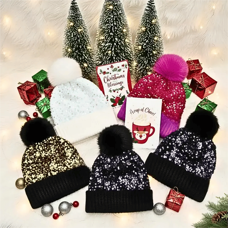Winter Sparkly Sequin Pom Beanie